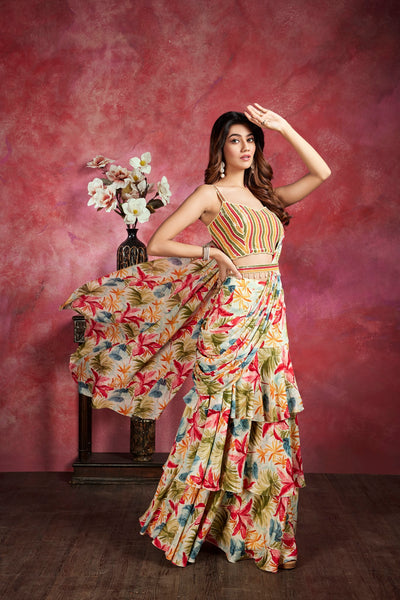 OFF WHITE LAYERED LEHENGA SAREE IN GEORGETTE WITH FLORAL PRINTS