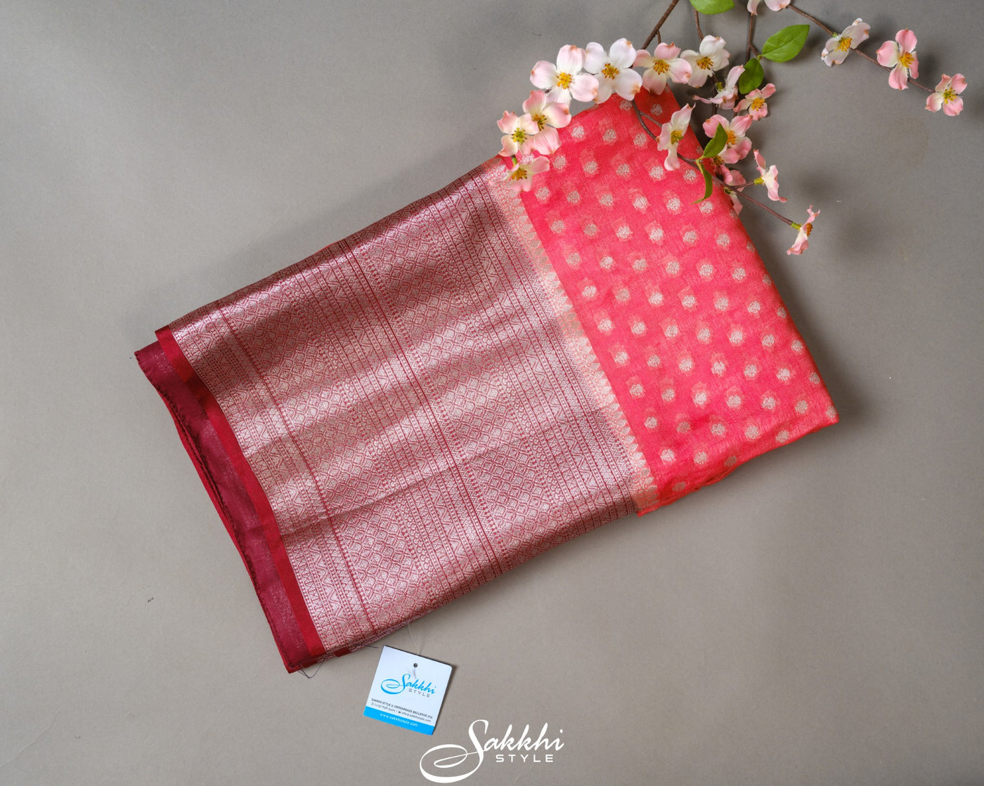 CORAL RED BANARASI ART SILK SAREE WITH SCATTERED ZARI BUTTIS