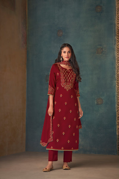 MAROON GEORGETTE SALWAR SUIT SET WITH EMBROIDERY
