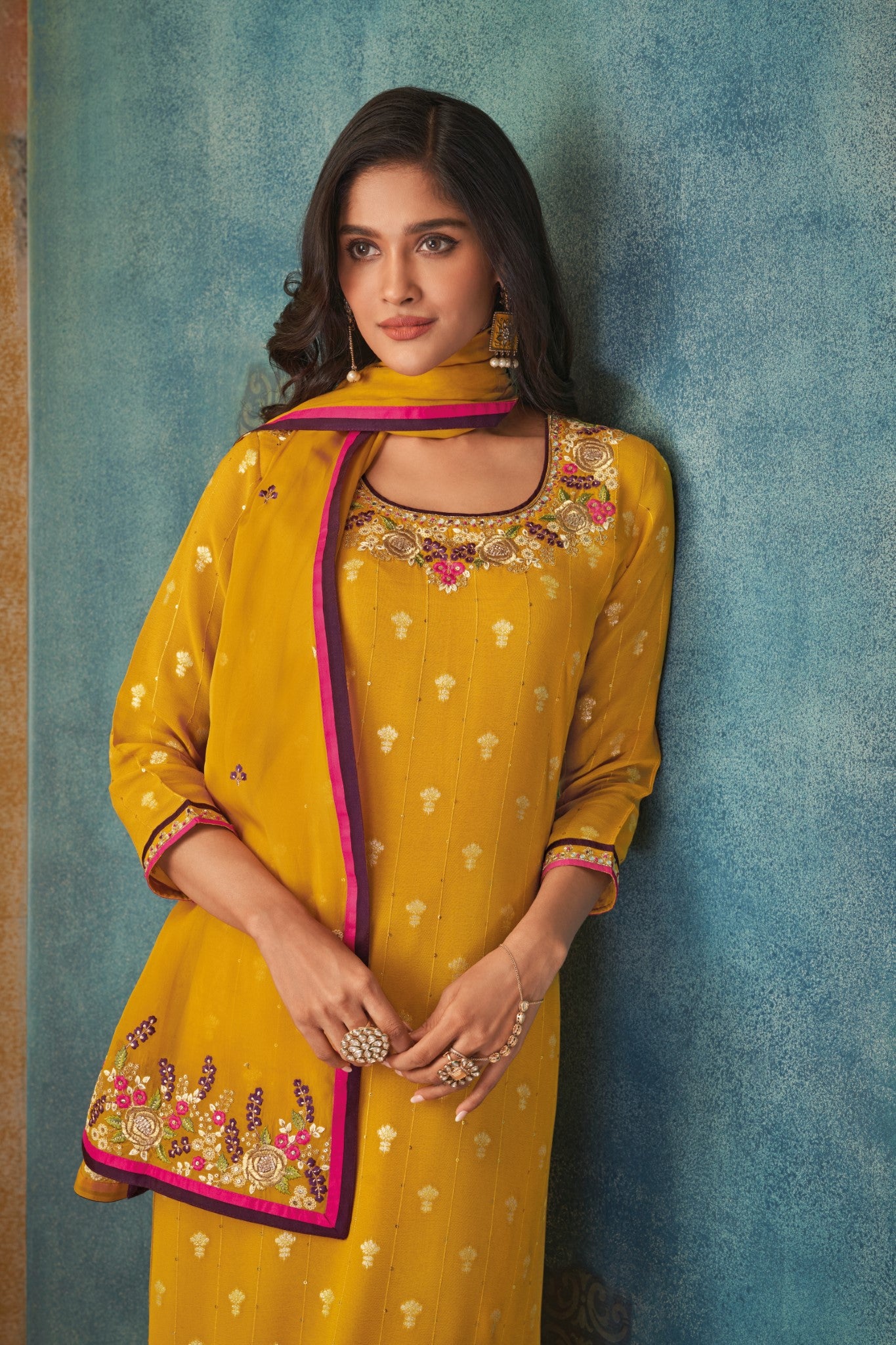 YELLOW THREE PIECE SALWAR SUIT SET WITH ZARI MOTIFFS