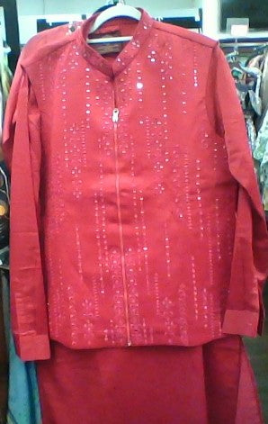 Men’s Red 3-Piece Kurta Pyjama with Mirror Work Zipper Coat – Festive & Wedding Wear