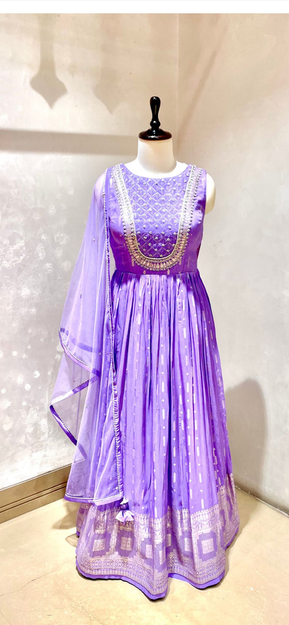 LAVENDER COLORED FLOOR LENGTH GOWN WITH SOFT NET DUPATTA