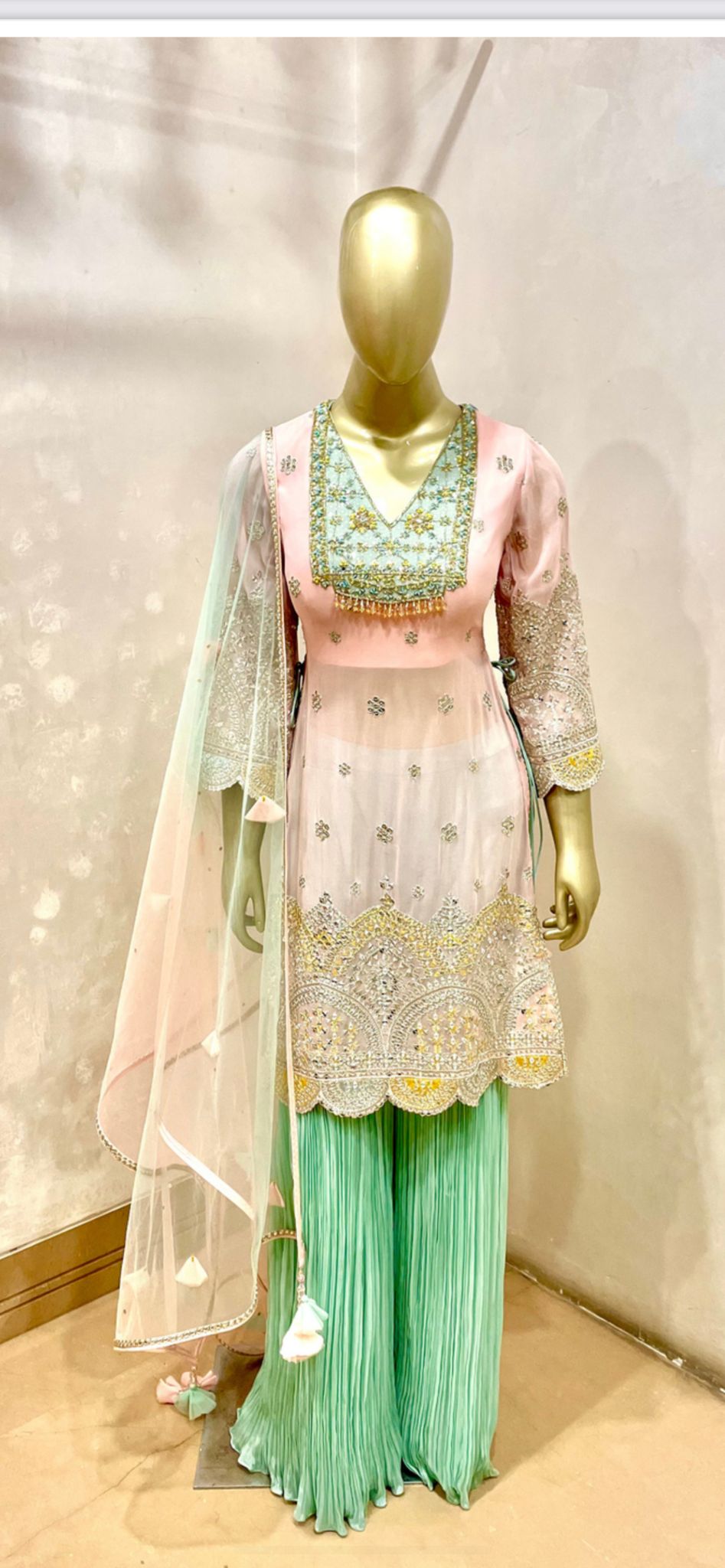 LIGHT PINK AND GREEN COLORED SHARARA SUIT SET WITH DUPATTA