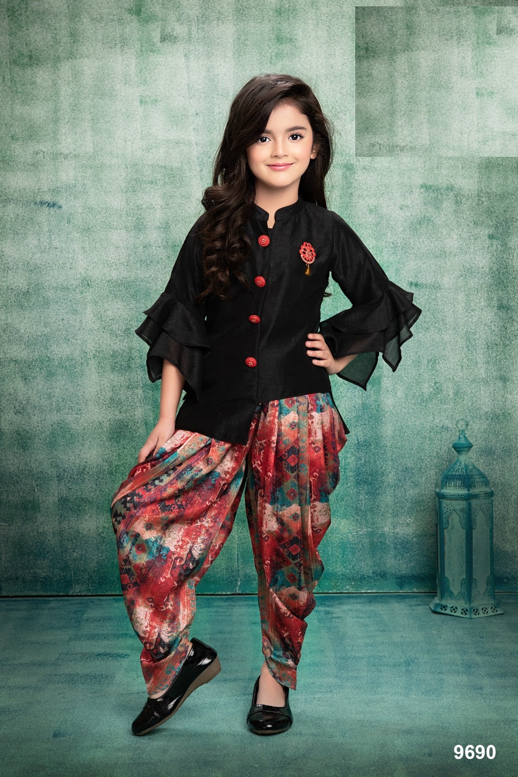 BLACK AND MULTICOLORED TOP AND DHOTI SET