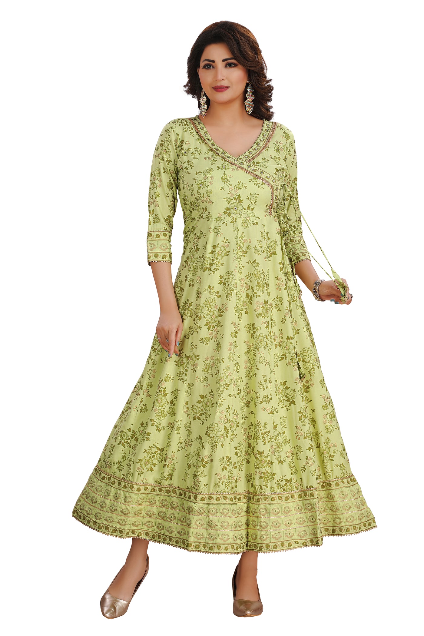 GREEN FIT AND FLARE FULL LENGTH KURTI - Sakkhi Style