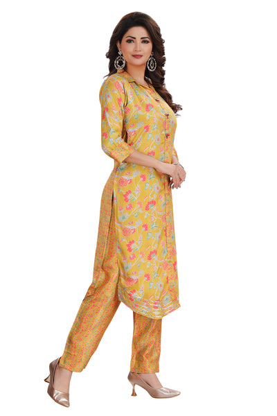 YELLOW COLLARED NECK KURTI WITH STRAIGHT PANTS - Sakkhi Style