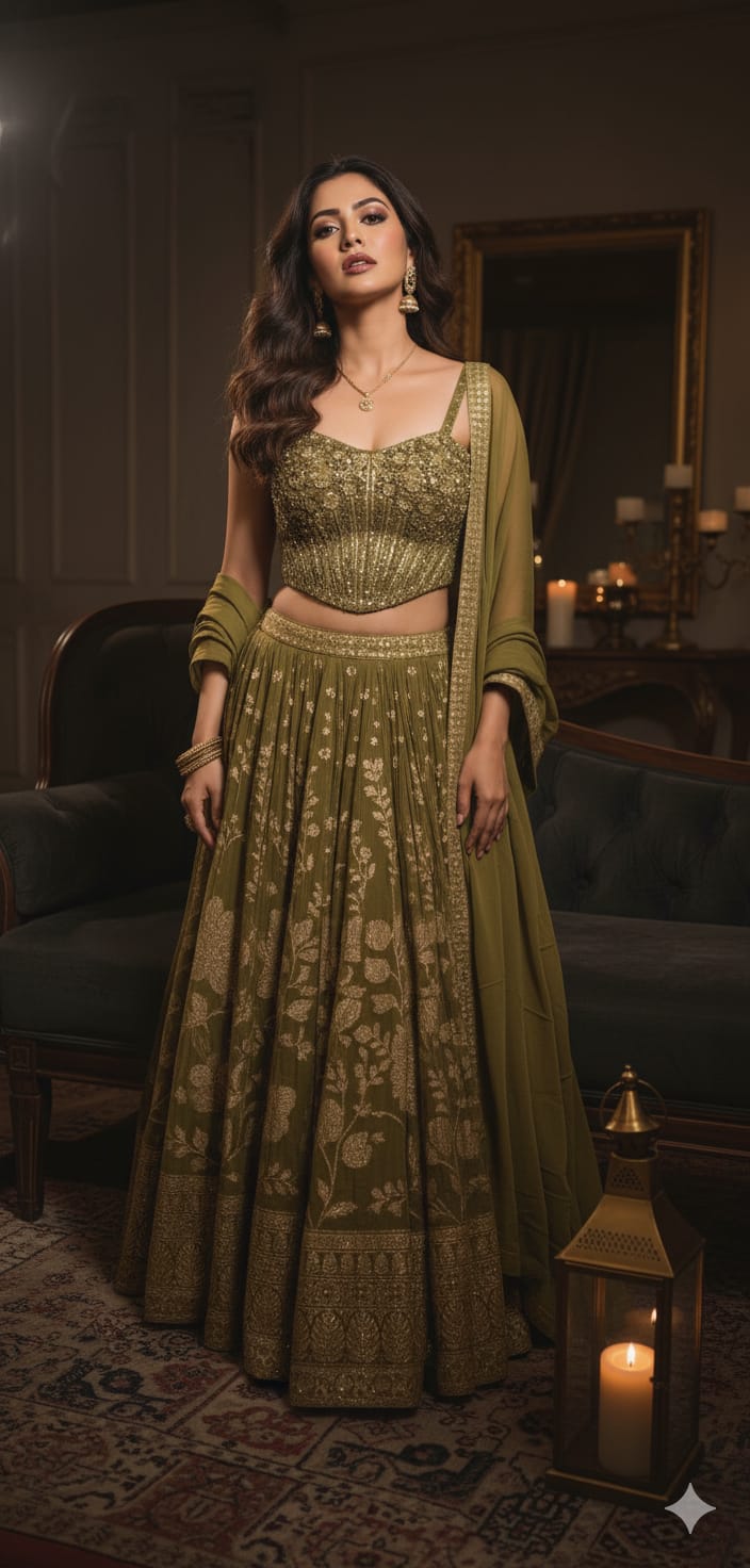 Olive Green Lehenga Set with Gold Embroidered Blouse and Floral Woven –  Sakkhi Style