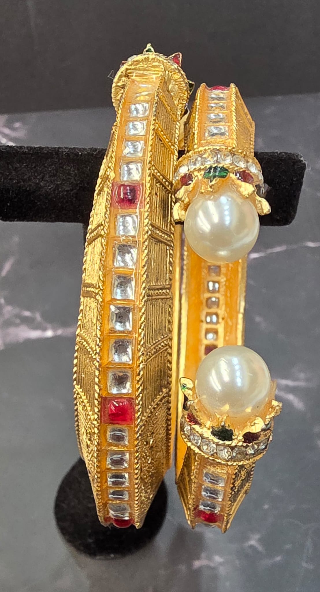 Antique Gold Pearl Adjustable Bangle, Open Cuff Bracelet with CZ Stone ...