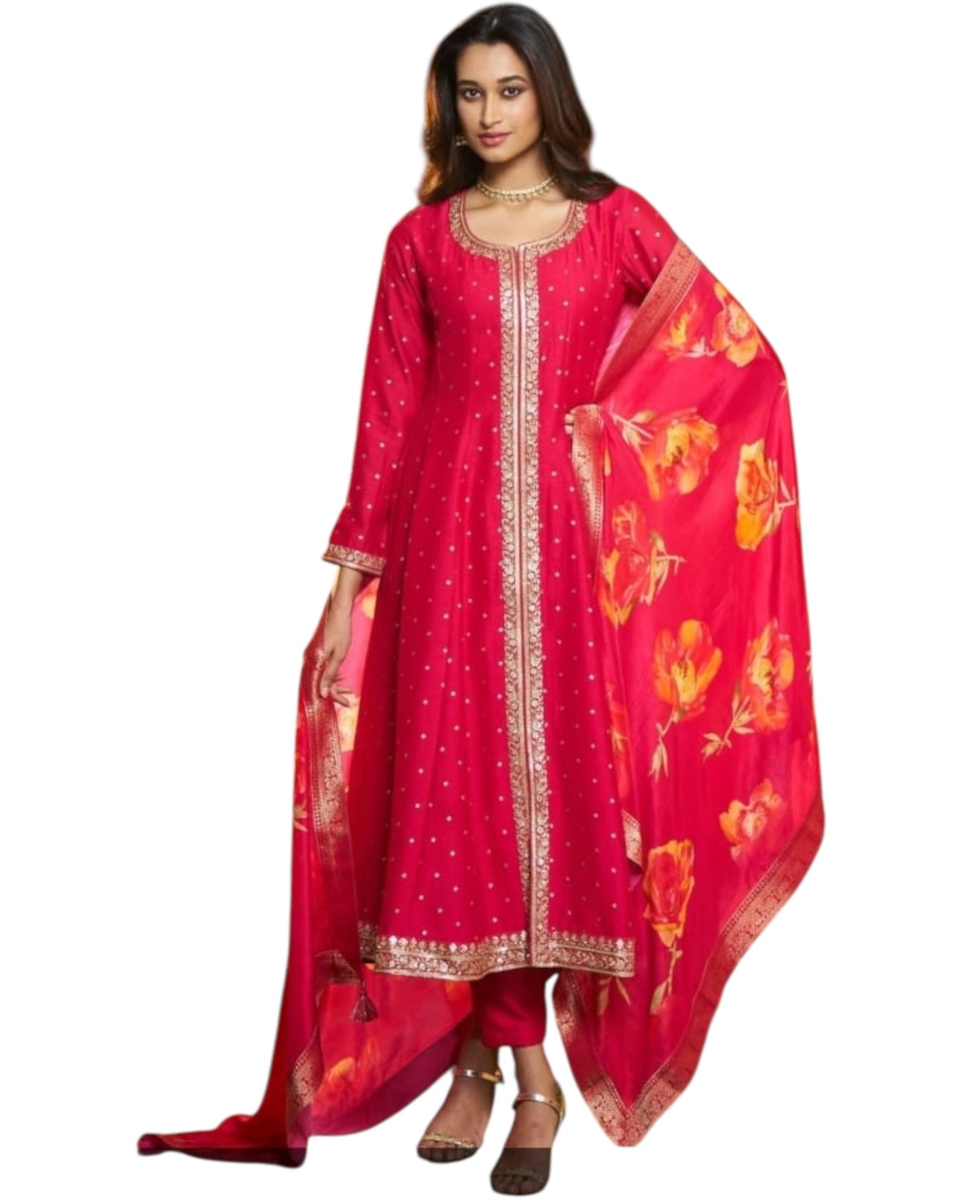 Rani Pink Silk Anarkali Suit – Embroidered Neckline with Floral Printed Dupatta