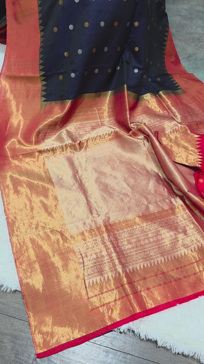 Gadwal Pure Silk Saree – Navy Blue with Red Pallu & Gold Zari Border, Handwoven Traditional Saree with Matching Blouse