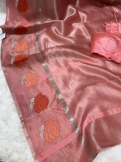 Peach Banarasi Kora Silk Saree with Rose Motif Border & Matching Blouse
