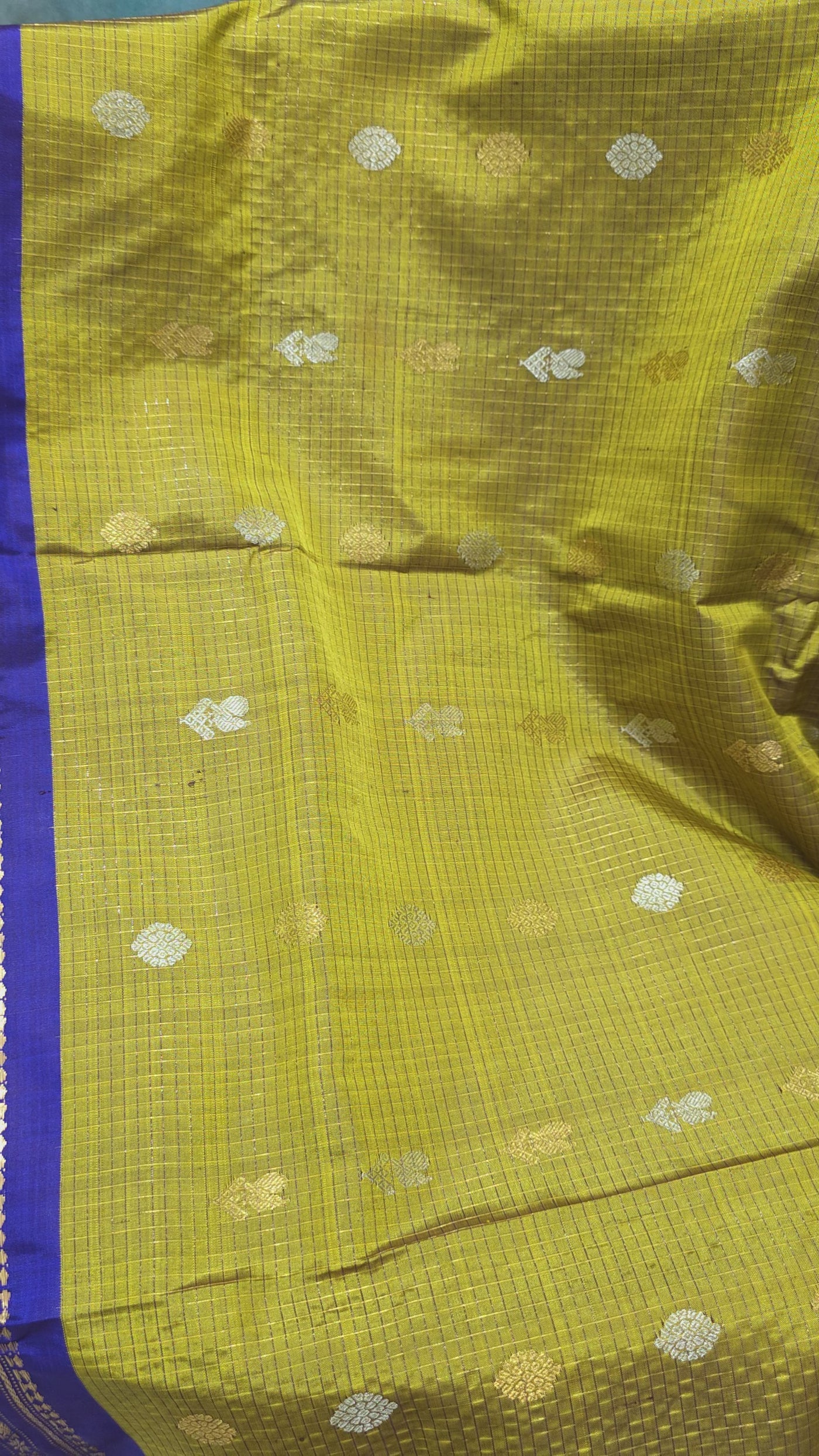 Gadwal Pure Silk Saree – Mustard Green with Royal Blue Border & Blouse, Handwoven with Rich Gold Zari Work