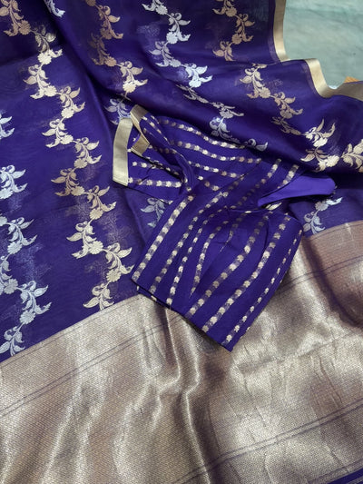 Banarasi Kora Silk Saree – Royal Purple with Gold Zari Border & Floral Weaves, Elegant Traditional Saree with Matching Striped Blouse