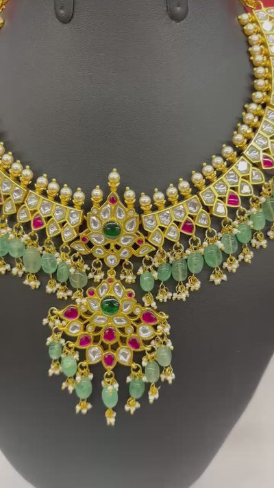 Gold-Plated Kundan & Emerald Bead Bridal Necklace with Ruby Accents