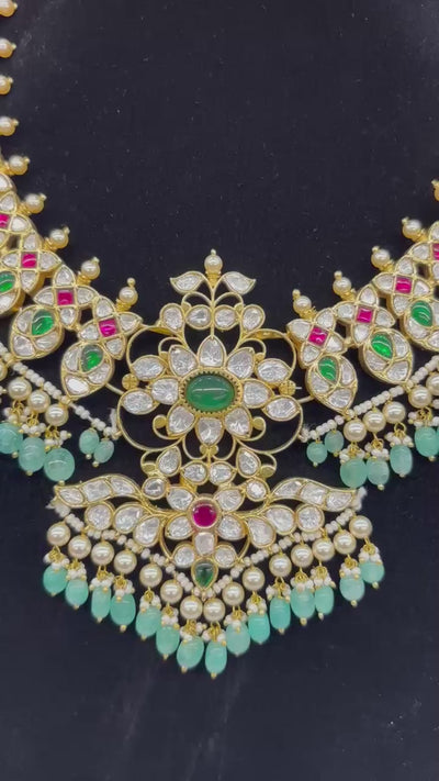 Kundan Bridal Necklace with Emerald Beads & Pearl Detailing