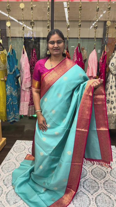 Kanchipattu Pure Silk Saree – Sky Blue with Red Contrast Border & Pallu, Intricate Zari Weaving, Handwoven Traditional Saree with Designer Blouse