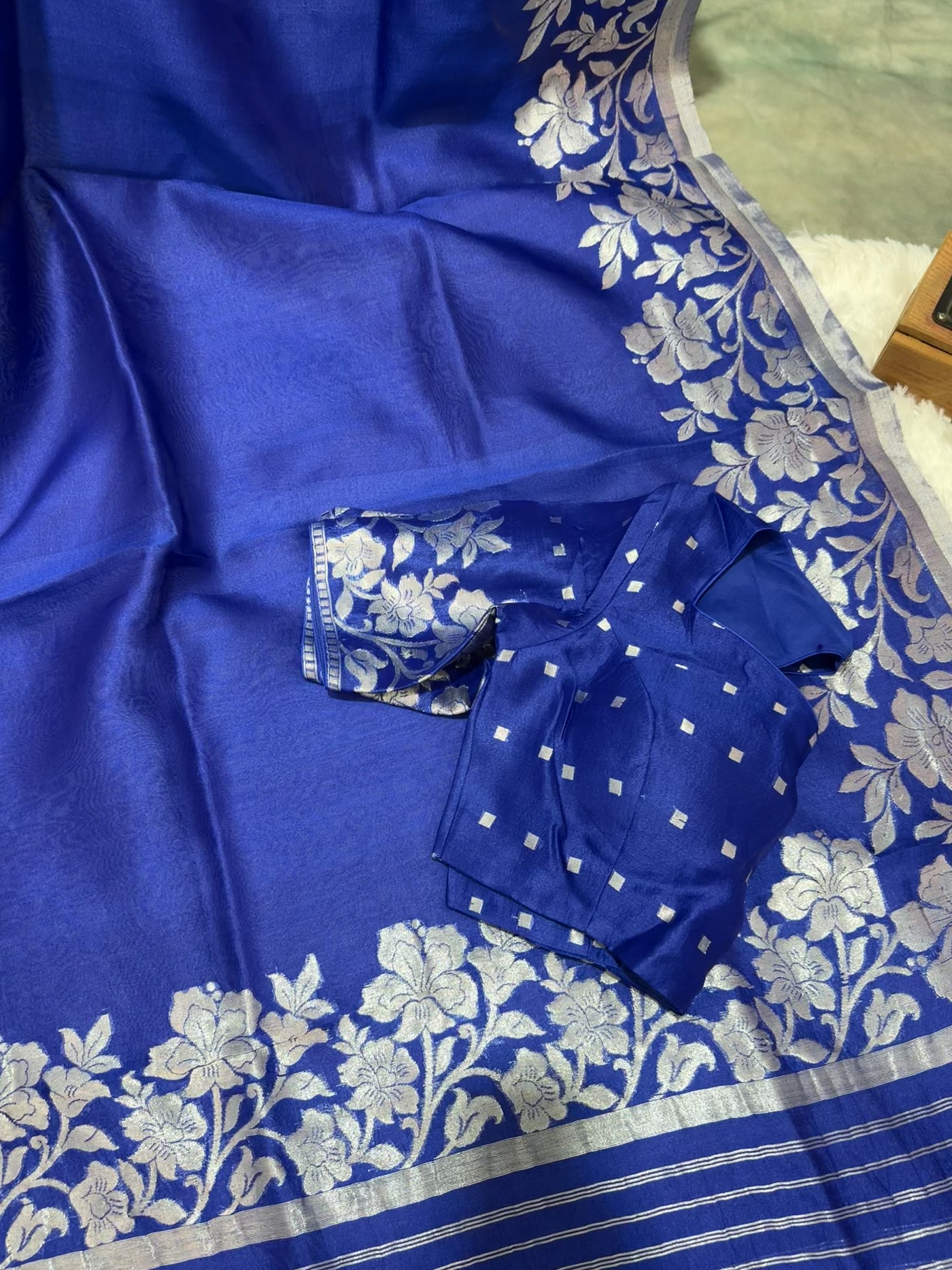 Royal Blue Banarasi Kora Silk Saree with Silver Floral Border & Matching Blouse