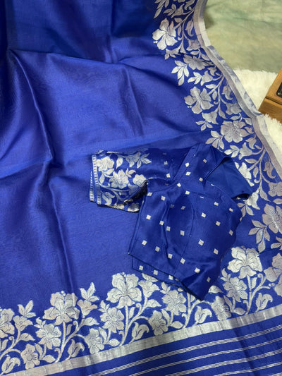 Royal Blue Banarasi Kora Silk Saree with Silver Floral Border & Matching Blouse