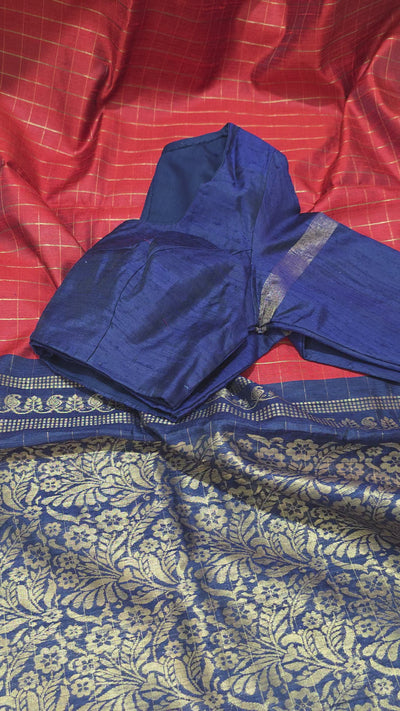 Khadi Silk Saree – Red with Navy Blue Border & Golden Zari Work, Handwoven Traditional Indian Saree with Matching Blouse