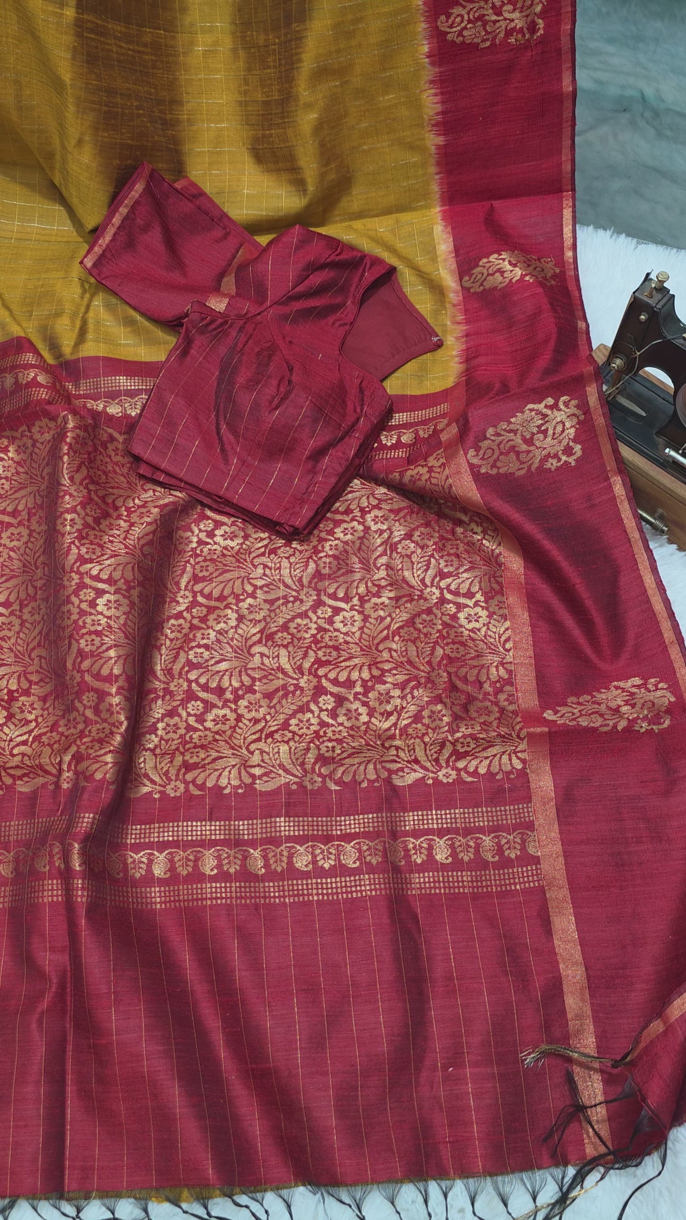 Khadi Silk Saree – Mustard Yellow with Maroon Border & Rich Golden Zari Weaving, Handloom Traditional Saree with Matching Blouse