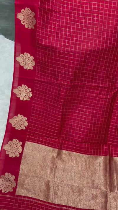 Red Banarasi Silk Saree with Golden Zari Checks & Designer Cut-Out Blouse