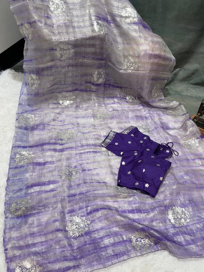 Purple Tissue Fancy Saree with Silver Zari Work & Embellished Blouse
