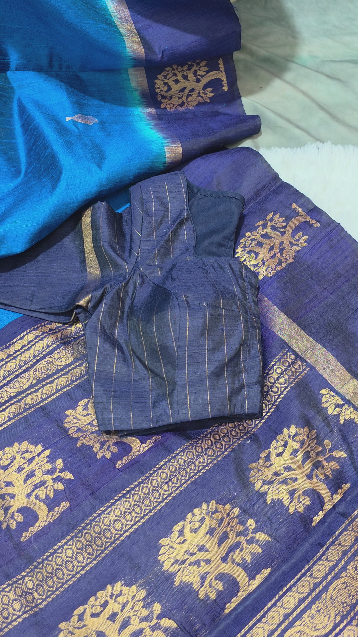Khadi Silk Saree – Royal Blue with Purple Border & Golden Zari Motifs, Handwoven Traditional Indian Saree with Matching Blouse