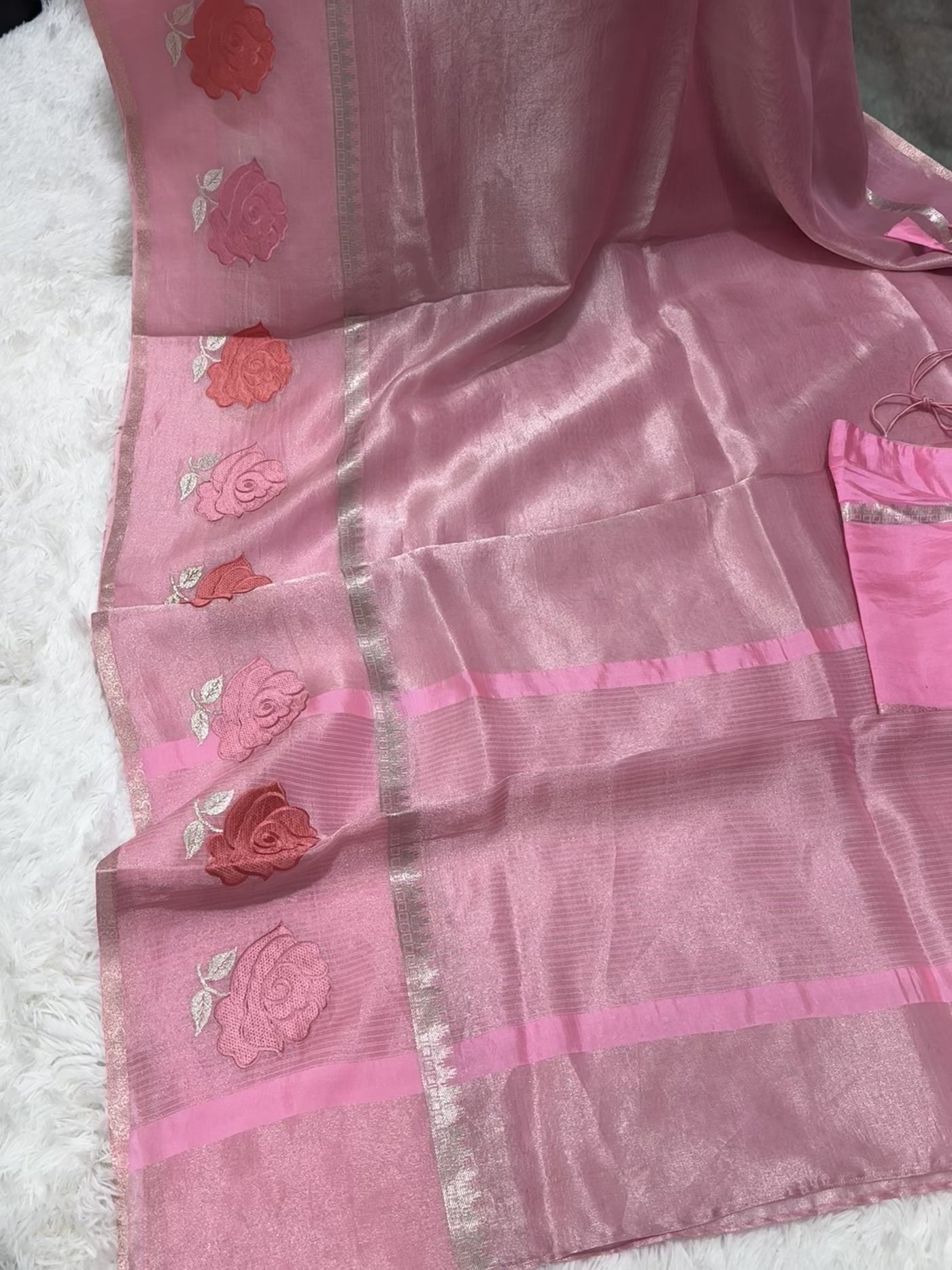 Pink Banarasi Kora Silk Saree with Rose Motif & Silver Border