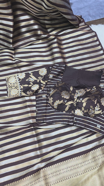 Pure Katan Silk Saree with Butti Weave and Double Pallu – Brown & Gold with Matching Blouse