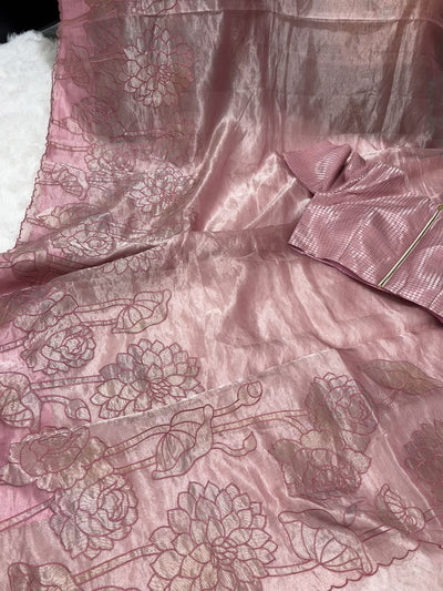 Pink Tissue Saree with Floral Thread Work & Matching Checkered Blouse