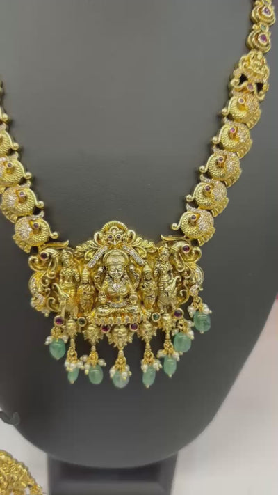 Antique Temple Goddess Necklace Set with Green Bead Drops & Matching Jhumkas