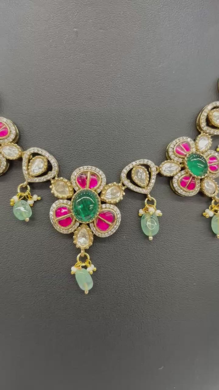 Floral Kundan Necklace Set with Green Beads & AD Stone Detailing