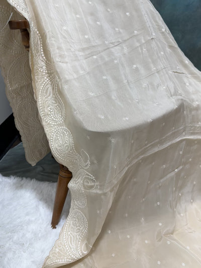 Elegant Cream Fancy Saree with Intricate White Embroidery & Matching Blouse