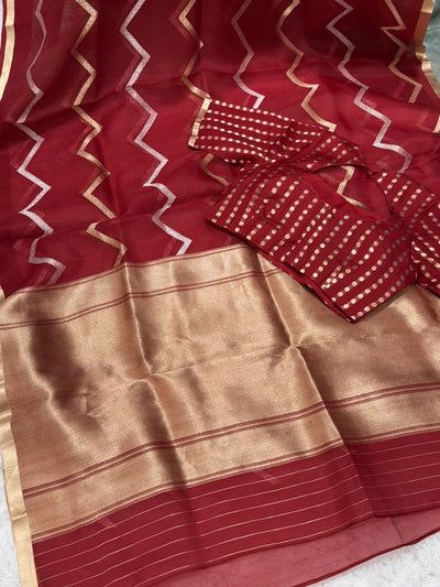 Banarasi Kora Silk Saree – Deep Red with Gold Zari Border & Geometric Pattern, Paired with Contrast Polka Dot Blouse