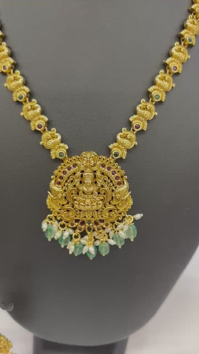 Antique Gold Temple Necklace Set with Goddess Lakshmi Pendant & Green Bead Drops