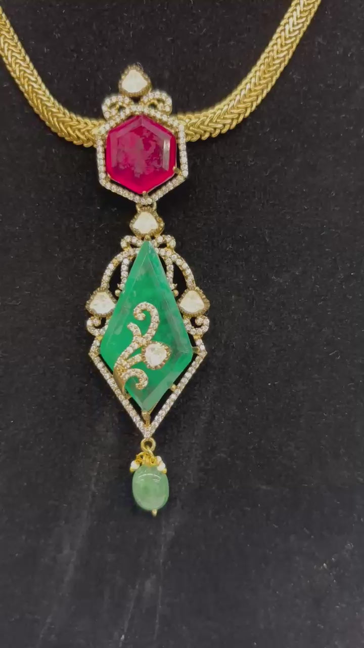 Royal Kundan-Inspired Necklace & Earring Set – Emerald & Ruby Tones