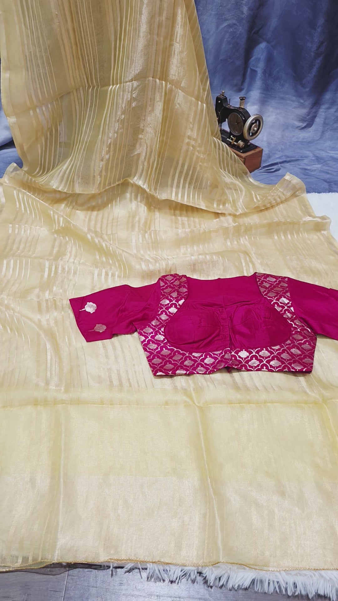 Kora Tissue Gold Saree with Magenta Banarasi Blouse