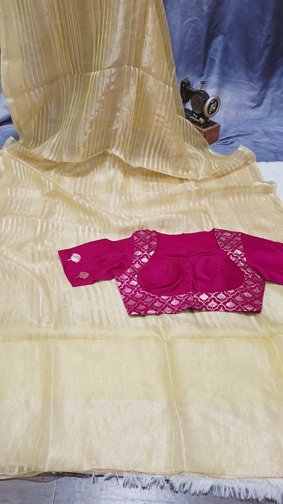 Kora Tissue Gold Saree with Magenta Banarasi Blouse