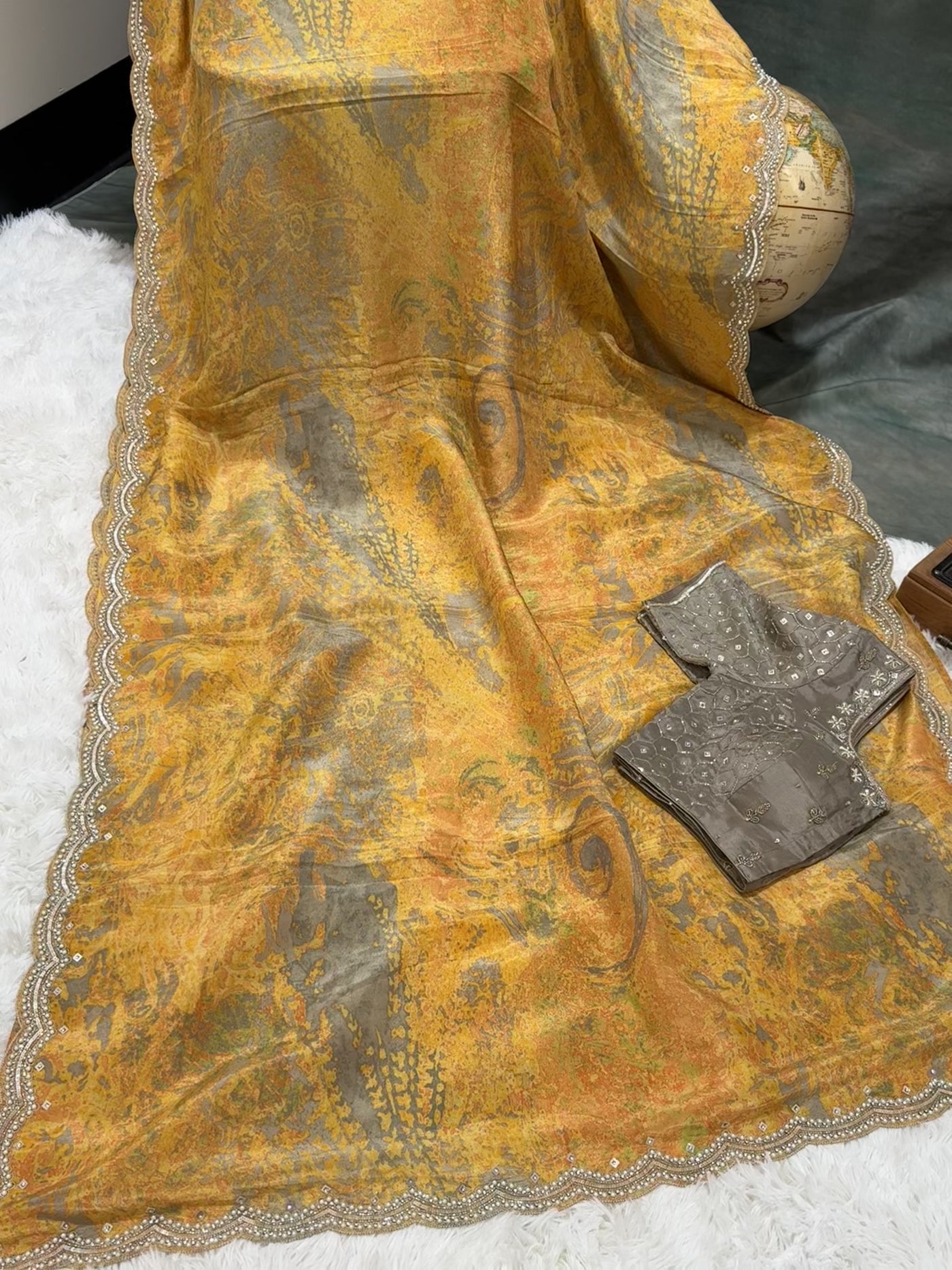 Fancy Saree – Mustard Yellow & Grey Dual Tone with Embellished Border, Paired with Taupe Bead & Moti Work Blouse