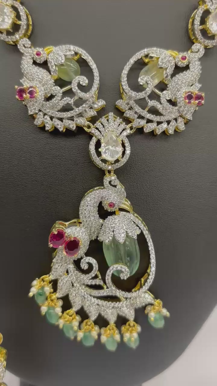 Gold & Silver-Tone Peacock Necklace Set with CZ Stones, Ruby Accents & Green Bead Drops