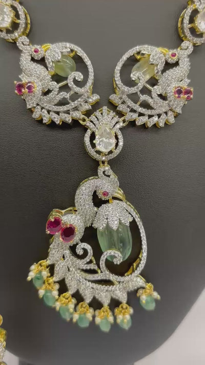 Gold & Silver-Tone Peacock Necklace Set with CZ Stones, Ruby Accents & Green Bead Drops