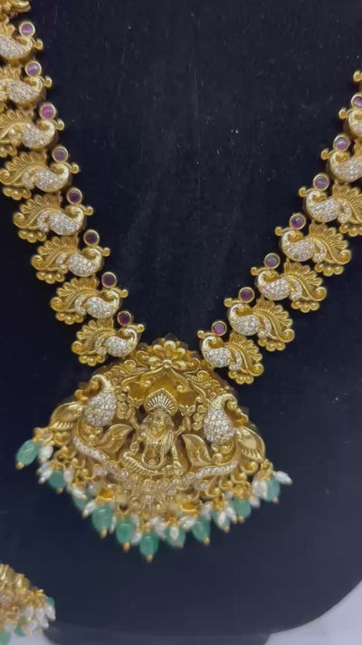 Antique Temple Necklace Set with Lakshmi Pendant, Emerald Bead Drops &amp; Matching Jhumkas