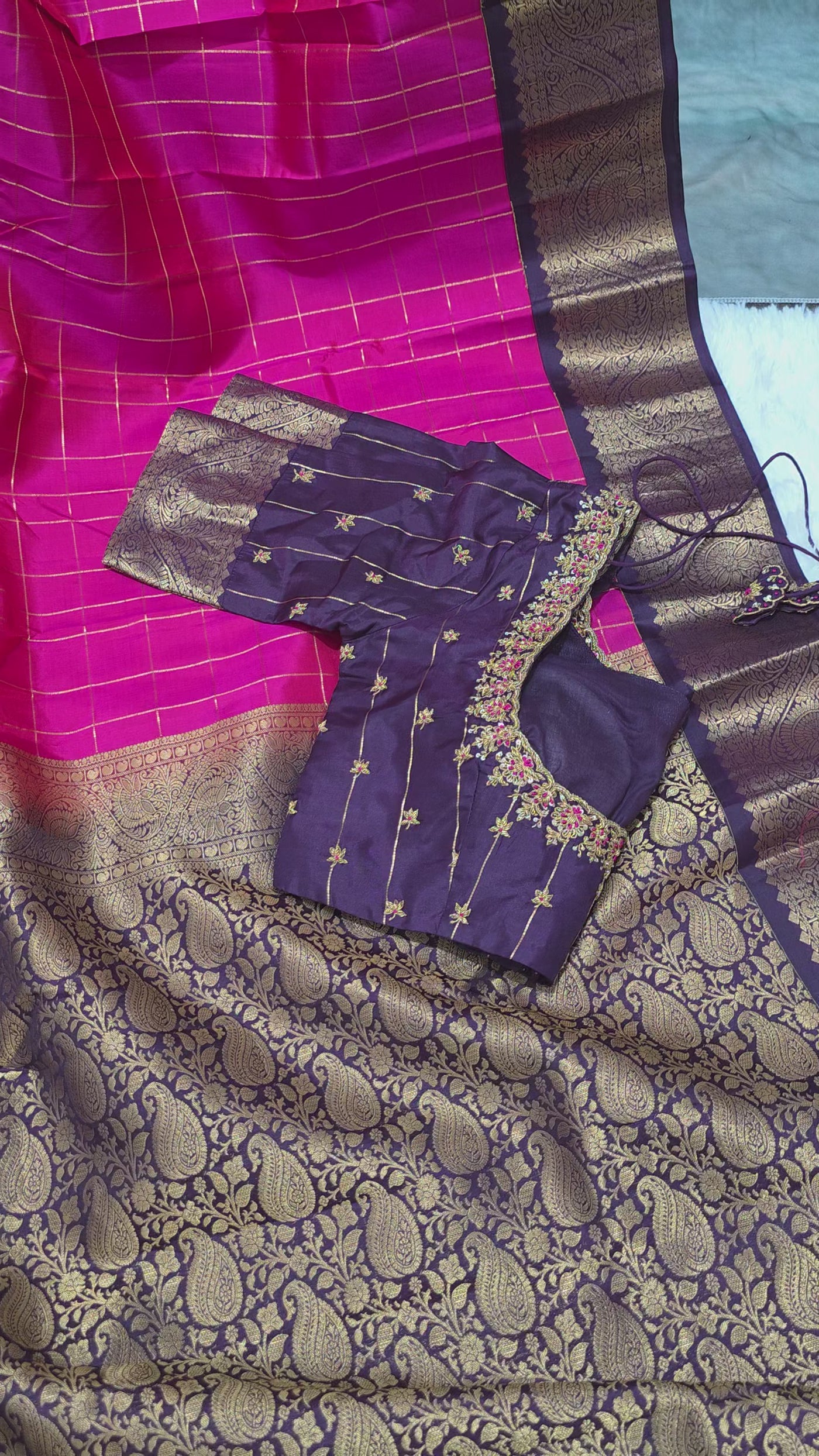 Kanchipuram Pattu Saree – Pink with Deep Purple Border & Rich Golden Zari Weaving, Handwoven Bridal Silk Saree with Designer Blouse