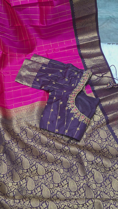 Kanchipuram Pattu Saree – Pink with Deep Purple Border & Rich Golden Zari Weaving, Handwoven Bridal Silk Saree with Designer Blouse