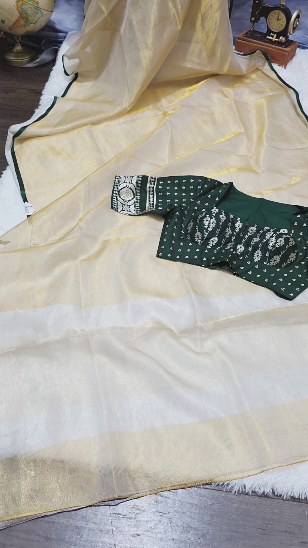 Kora Silver Tissue Saree with Contrast Bottle Green Brocade Blouse