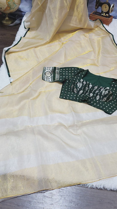 Kora Silver Tissue Saree with Contrast Bottle Green Brocade Blouse