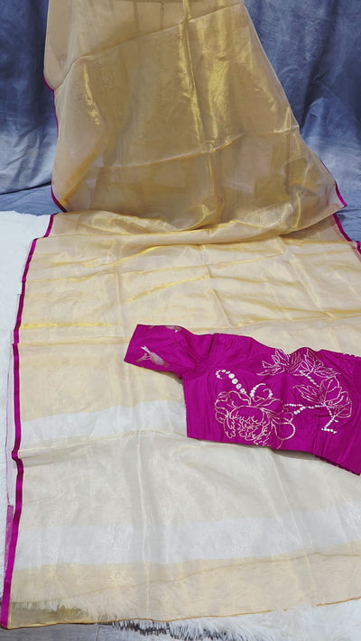Kora Silver Tissue Saree with Pink Designer Blouse