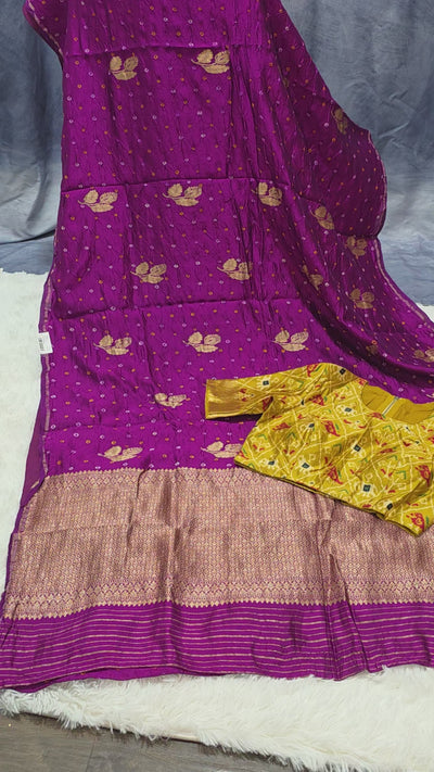 Purple Silk Chinia Handloom Bandhani Saree