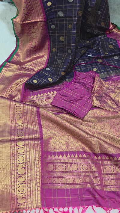 Gadwal Pure Silk Saree – Navy Blue, Handwoven Traditional Indian Saree with Matching Blouse