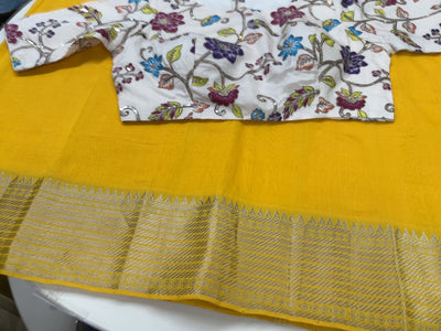 Daffodil yellow Mangalgiri saree with stitched blouse